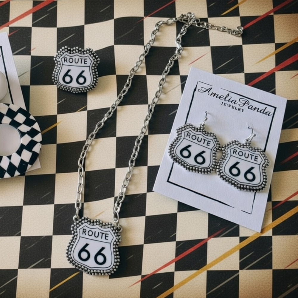 Route 66 Necklace and Earrings Set - Black and White